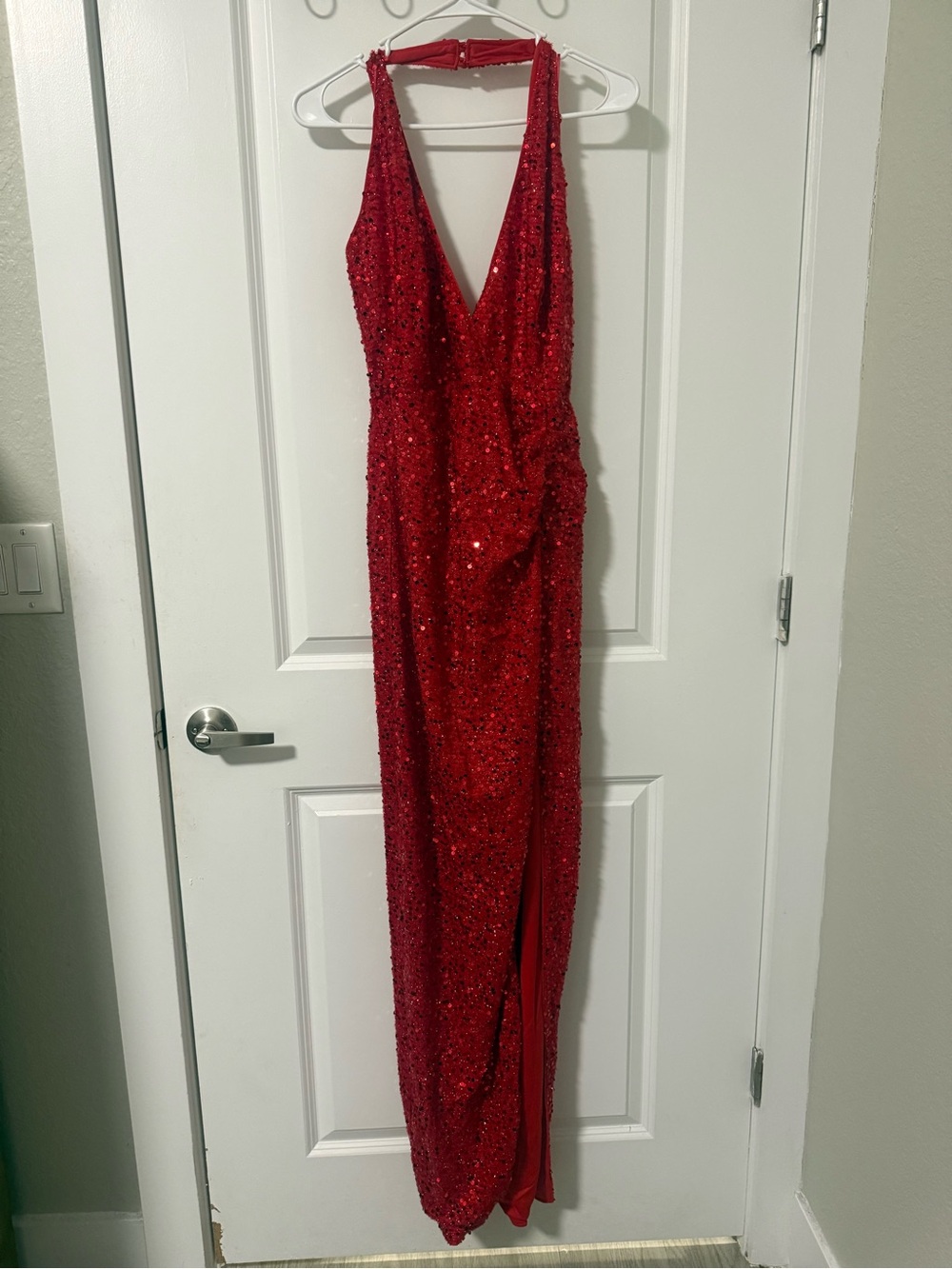 Fashion Nova Red Sequin Plunging Halter Gown